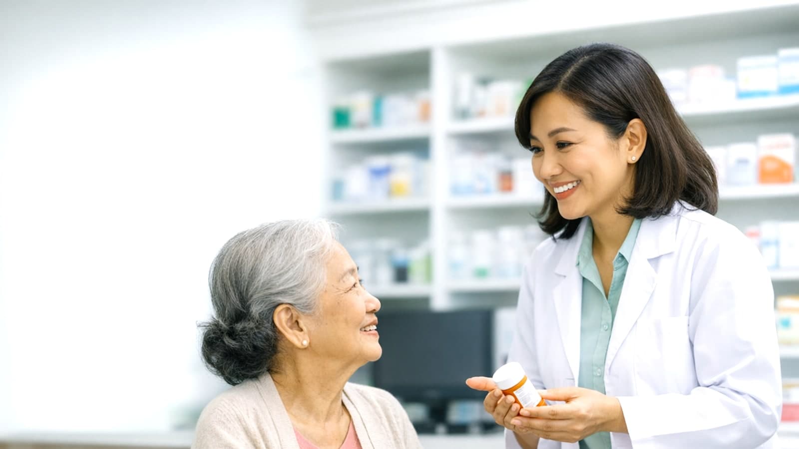 Dược sĩ và bệnh nhân lớn tuổi đang trao đổi thân thiện trong nhà thuốc.