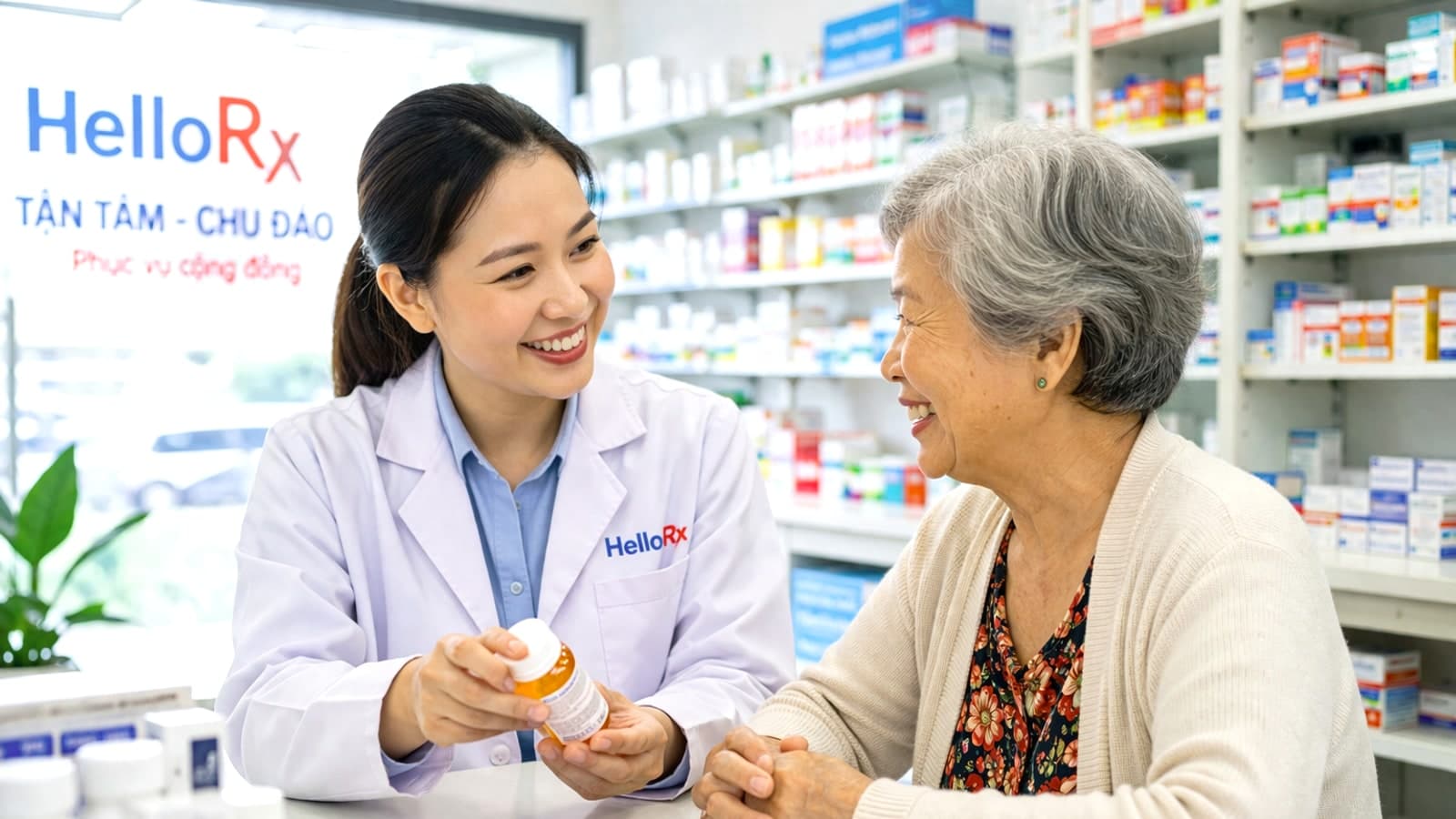 Dược sĩ đang hỗ trợ bệnh nhân lớn tuổi qua cuộc gọi thân thiện.