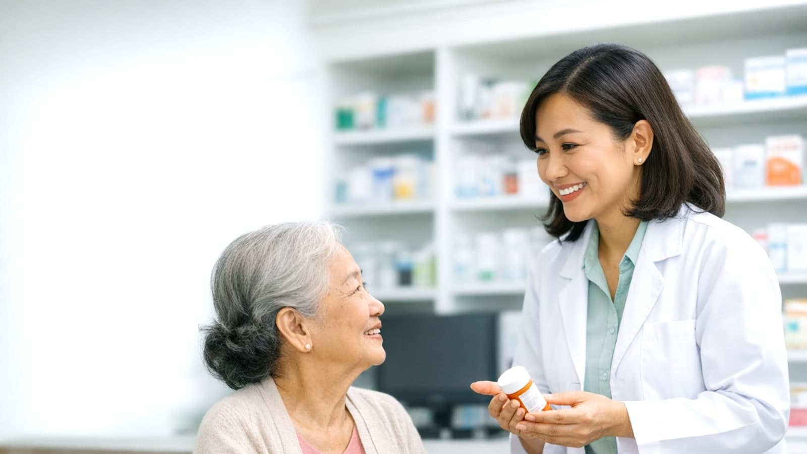 Dược sĩ đang tư vấn cho bệnh nhân lớn tuổi trong không gian nhà thuốc sáng và thân thiện.