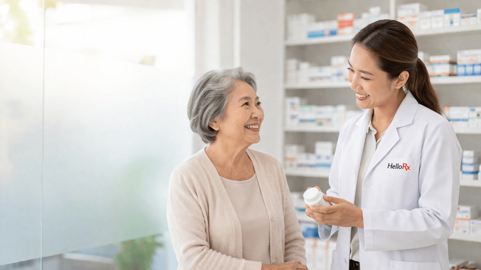 Dược sĩ người Việt đang tư vấn cho bệnh nhân lớn tuổi trong không gian nhà thuốc sáng và thân thiện.